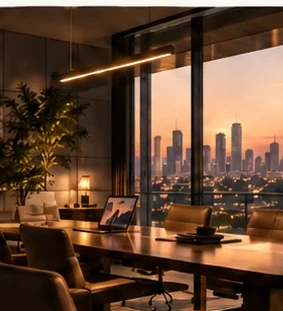 Ambiente executivo contemporâneo com vista para a cidade
