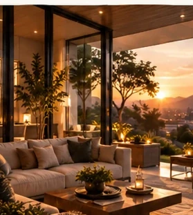 Ambiente acolhedor de uma casa familiar contemporânea ao entardecer