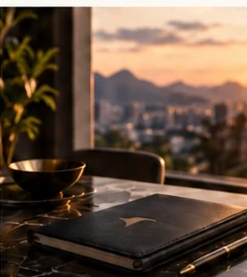 Caderno sobre mesa em perspectiva arquitetônica ao pôr do sol